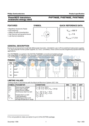 PHW7N60E datasheet - PowerMOS transistors Avalanche energy rated