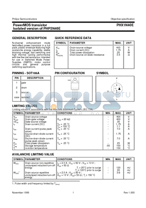 PHX1N40E datasheet - PowerMOS transistor Isolated version of PHP2N40E