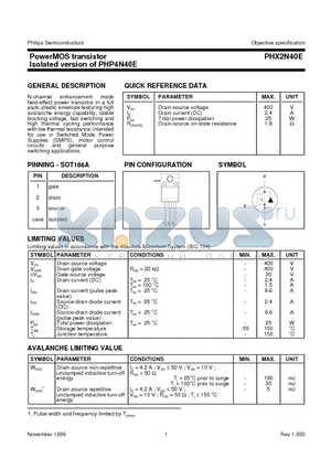 PHX2N40E datasheet - PowerMOS transistor Isolated version of PHP4N40E