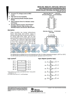SN54LS16 datasheet - HEX INVERTER BUFFERS/DRIVERS WITH OPEN-COLLECTOR HIGH-VOLTAGE OUPUTS