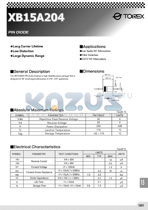 XB15A204 datasheet - The XB15A204 PIN diode employs a high reliability glass package that is designed for RF small signal attenuators in VHF, UHF appliances