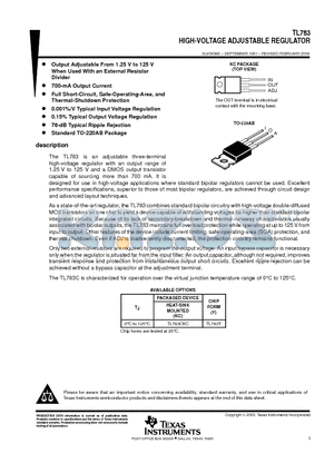 TL783 datasheet - HIGH-VOLTAGE ADJUSTABLE REGULATOR