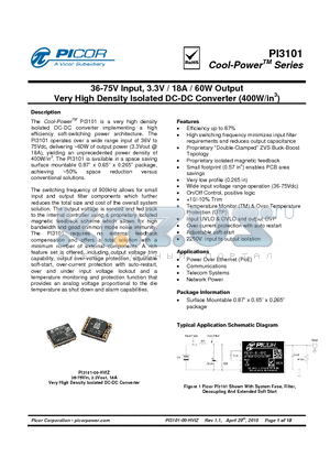 PI3101 datasheet - 36-75V Input, 3.3V / 18A / 60W Output Very High Density Isolated DC-DC Converter (400W/in3)