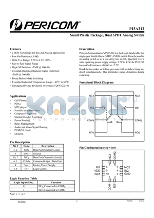 PI3A212 datasheet - Small Plastic Package, Dual SPDT Analog Switch