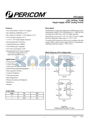 PI3A4624TEX datasheet - 3.0V, SOTiny 0.4 Single-Supply SPDT Analog Switch