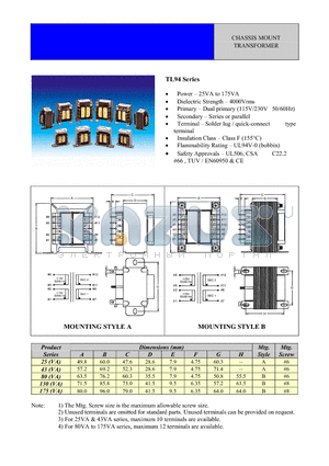 TL94-043-016 datasheet - CHASSIS MOUNT TRANSFORMER