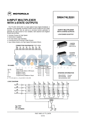 SN54LS251J datasheet - 8-INPUT MULTIPLEXER WITH 3-STATE OUTPUTS