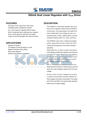 SS6532CNTR datasheet - 500mA Dual Linear Regulator with VAUX Driver