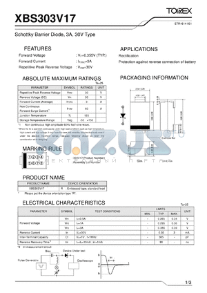 XBS303V17 datasheet - Schottky Barrier Diode, 3A, 30V Type