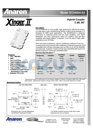 XC0450A-20S datasheet - Hybrid Coupler 3 dB, 90`
