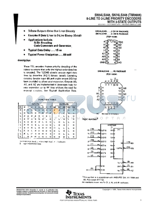 SN54LS348 datasheet - 8-LINE TO 3-LINE PRIORITY ENCODERS WITH 3-STATE OUTPUTS