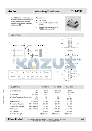 TLA4891-1 datasheet - Audio Line Matching Transformer