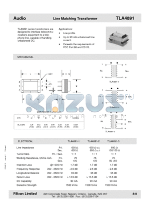 TLA4891-3 datasheet - Audio Line Matching Transformer