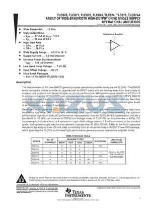 TLC070 datasheet - FAMILY OF WIDE BAND WIDTH HIGH OUTPUT DRIVE SINGLE SUPPLY OPERATIONAL AMPLIFIERS