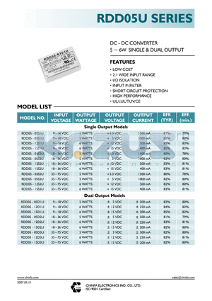 RDD05-15S2U datasheet - DC - DC CONVERTER 5 ~ 6W SINGLE & DUAL OUTPUT