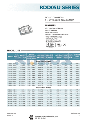 RDD05U_11 datasheet - DC - DC CONVERTER 5 ~ 6W SINGLE & DUAL OUTPUT