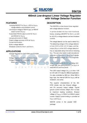 SS6729 datasheet - 400mA Low-dropout Linear Voltage Regulator with Voltage Detector Function