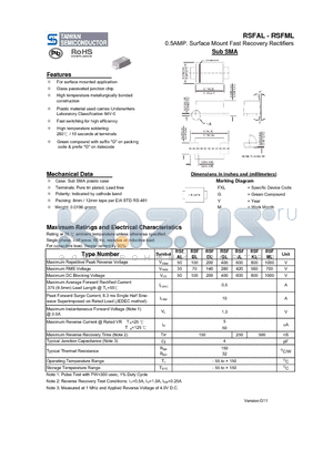 RSFJL datasheet - 0.5AMP. Surface Mount Fast Recovery Rectifiers
