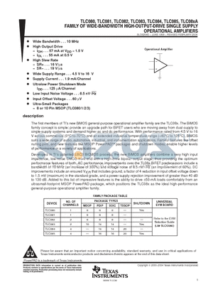 TLC080AIP datasheet - FAMILY OF WIDE BANDWIDTH HIGH OUTPUT DRIVE SINGLE SUPPLY OPERATIONAL AMPLIFIERS