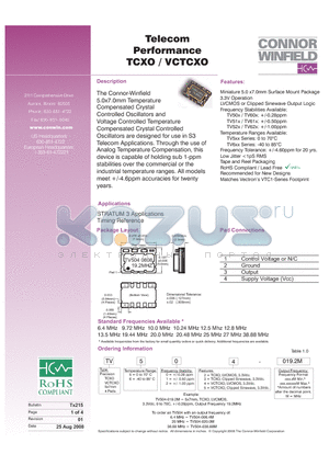 TV624-019.2M datasheet - Telecom Performance TCXO / VCTCXO