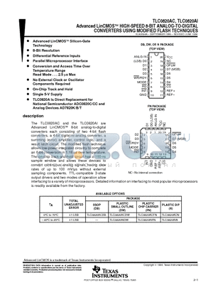 TLC0820A datasheet - Advanced LinCMOSE HIGH-SPEED 8-BIT ANALOG-TO-DIGITAL CONVERTERS USING MODIFIED FLASH TECHNIQUES