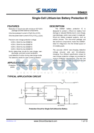 SS6821-ACVTR datasheet - Single-Cell Lithium-Ion Battery Protection IC