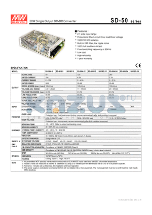 SD-50A-12 datasheet - 50W Single Output DC-DC Converter