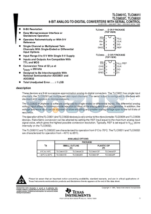 TLC0831CP datasheet - 8-BIT ANALOG-TO-DIGITAL CONVERTERS WITH SERIAL CONTROL