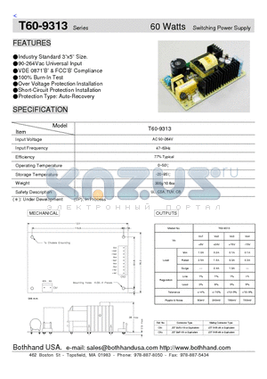 T60-9313 datasheet - 60 Watts Switching Power Supply