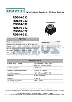 RDS16-312 datasheet - Wheel/Indicator Type Rotary DIP Code Switches