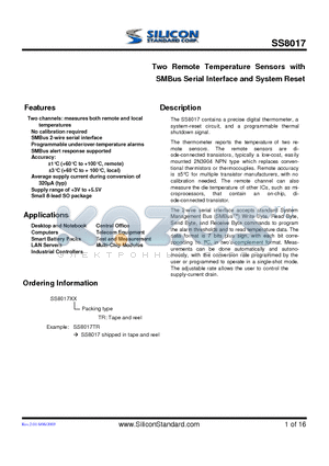 SS8017 datasheet - Two Remote Temperature Sensors with SMBus Serial Interface and System Reset