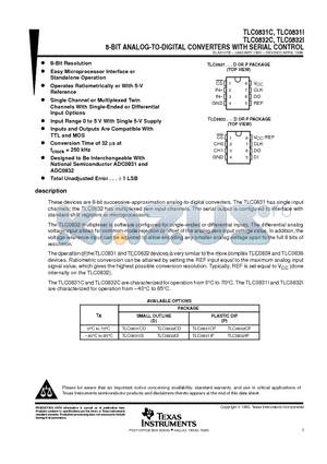 TLC0831IP datasheet - 8-BIT ANALOG-TO-DIGITAL CONVERTERS WITH SERIAL CONTROL