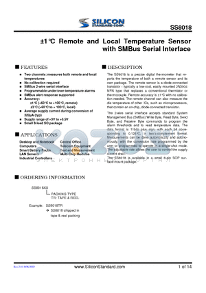 SS8018TR datasheet - a1`C Remote and Local Temperature Sensor with SMBus Serial Interface