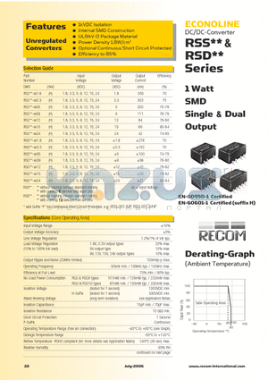 RSS-0509 datasheet - 1 Watt SMD Single & Dual Output