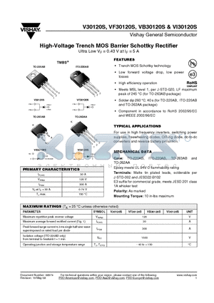 VB30120S-E3/4W datasheet - High-Voltage Trench MOS Barrier Schottky Rectifier Ultra Low VF = 0.43 V at IF = 5 A