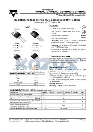 VB40100C datasheet - Dual High-Voltage Trench MOS Barrier Schottky Rectifier Ultra Low VF = 0.38 V at IF = 5 A