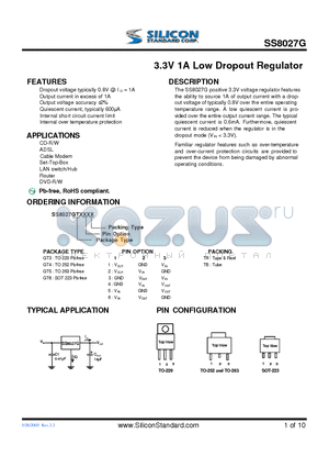 SS8027GT53TB datasheet - 3.3V 1A Low Dropout Regulator