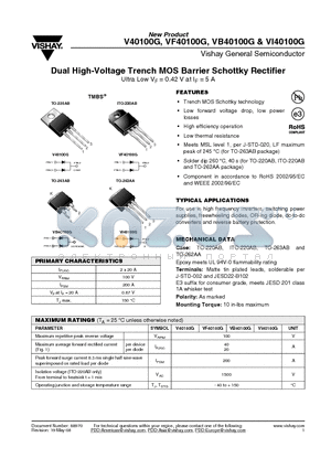 VB40100G-E3/8W datasheet - Dual High-Voltage Trench MOS Barrier Schottky Rectifier Ultra Low VF = 0.42 V at IF = 5 A