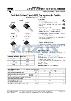 VB40120C datasheet - Dual High-Voltage Trench MOS Barrier Schottky Rectifier Ultra Low VF = 0.43 V at IF = 5 A