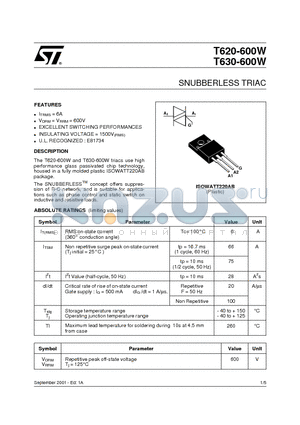 T620-600W datasheet - SNUBBERLESS TRIAC
