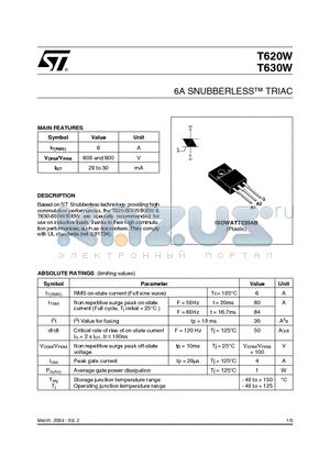 T620-600W datasheet - 6A SNUBBERLESTM TRIAC