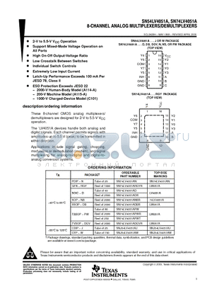 SN54LV4051A datasheet - 8-CHANNEL ANALOG MULTIPLEXERS/DEMULTIPLEXERS