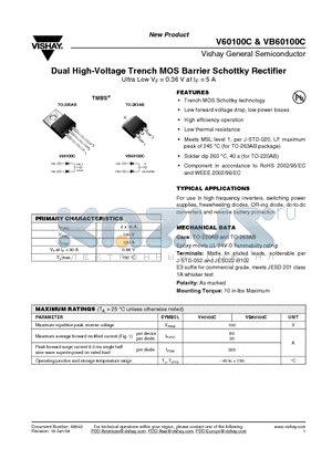 VB60100C-E3/8W datasheet - Dual High-Voltage Trench MOS Barrier Schottky Rectifier
