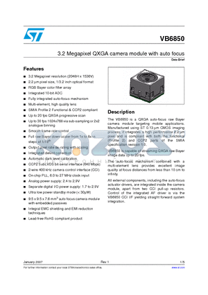 VB6850S02I/T2 datasheet - 3.2 Megapixel QXGA camera module with auto focus