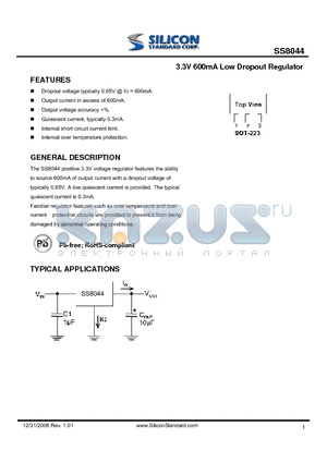 SS8044 datasheet - 3.3V 600mA Low Dropout Regulator