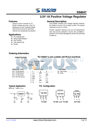 SS8047GT31TR datasheet - 2.5V 1A Positive Voltage Regulator