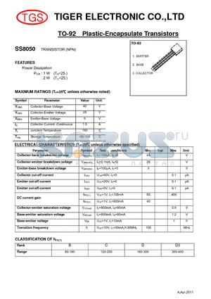 SS8050 datasheet - TO-92 Plastic-Encapsulate Transistors (NPN)