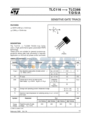 TLC116 datasheet - SENSITIVE GATE TRIACS