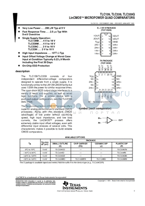 TLC139D datasheet - LinCMOSE MICROPOWER QUAD COMPARATORS