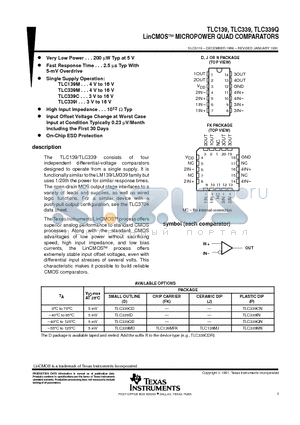 TLC139J datasheet - LinCMOSE MICROPOWER QUAD COMPARATORS